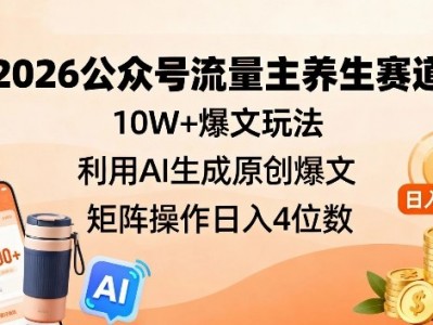 2026公众号流量主养生赛道，10W+爆文玩法，利用AI生成原创爆文，矩阵操作日入4位数