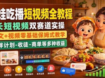 萌娃吃播短视频全教程｜长短视频双赛道实操，图文+视频零基础保姆式教学，伙伴计划-收徒-商单等多种变现方式
