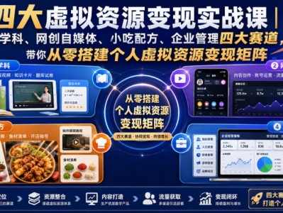 四大虚拟资源变现实战课｜K12学科、网创自媒体、小吃配方、企业管理四大赛道，带你从零搭建个人虚拟资源变现矩阵