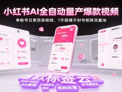 小红书AI全自动量产爆款视频，单账号日更百条视频，7天搭建不封号矩阵流量池