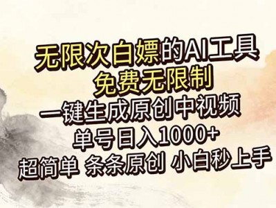 超强大的AI工具，免费无限制，一键生成原创中视频，单号日入1000+，小白秒上手