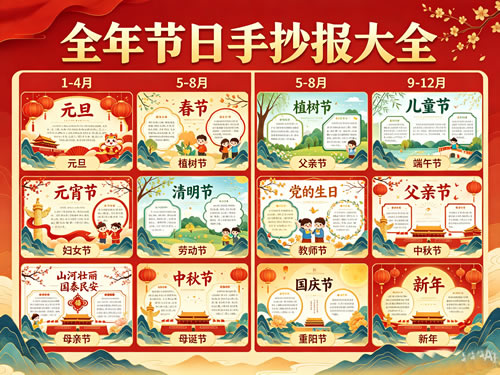 手抄报电子报大全（1-12月节日类，元旦春节元宵节妇女节植树节清明节劳动节母亲节儿童节端午节父亲节党的生日教师节中秋节国庆节重阳节圣诞节新年手抄报）