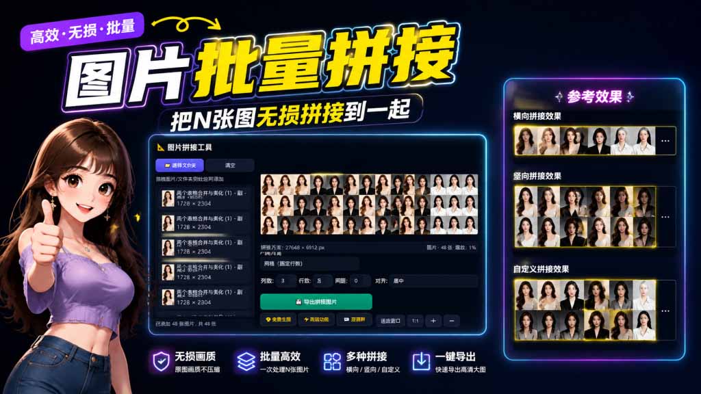 图片批量拼接，把N张图无损拼接到一起，支持横向、竖向、自定义等功能 