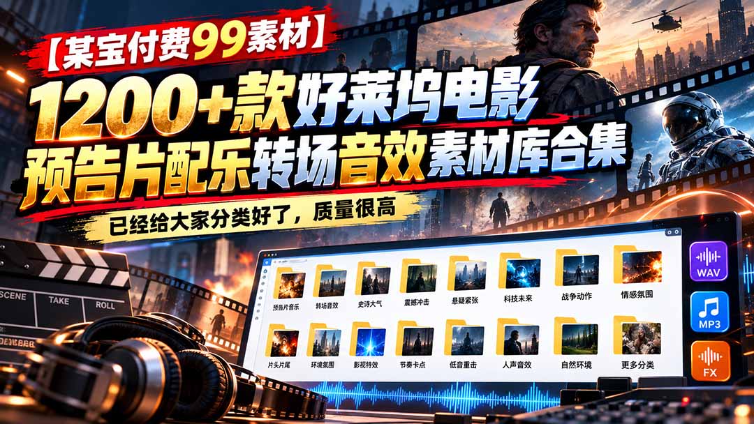 【某宝付费99素材】1200+款好莱坞电影预告片配乐转场音效素材库合集 