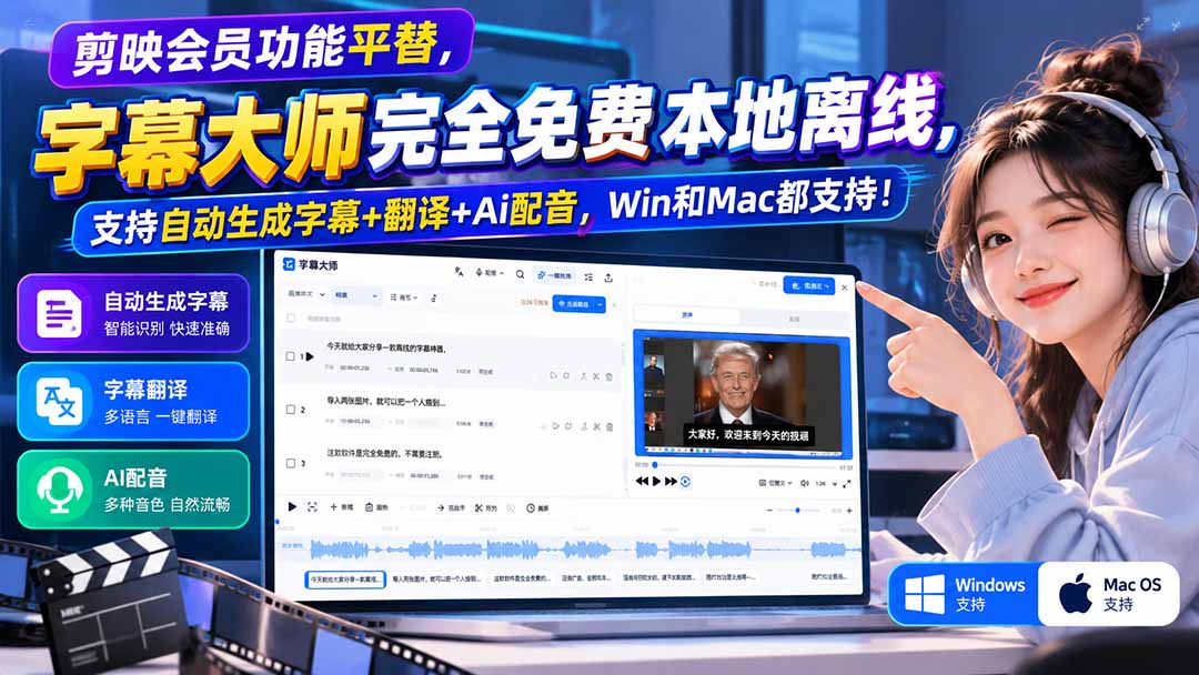 剪映会员功能平替，字幕大师完全免费本地离线，支持自动生成字幕+翻译+Ai配音，Win和Mac都支持